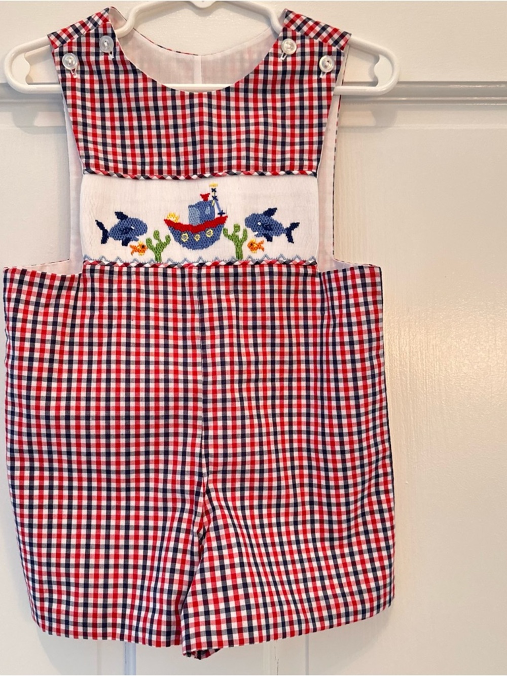 Three Sisters Boys 9M Smocked Red White & Blue Check Shortall Romper Boat Fish - Picture 2 of 11